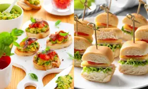 Picoteo fácil y rápido: bruschettas de aguacate y tomate con anchoas, y mini hamburguesas con queso y lechuga.