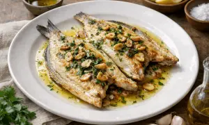 Dos lubinas a la plancha, doradas y jugosas, servidas en un plato blanco con perejil picado y láminas de ajo crujientes. Un festín sencillo y delicioso.