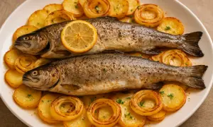 Dos truchas al horno, doradas y jugosas, acompañadas de patatas asadas y rodajas de limón. Un plato principal perfecto.