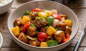 Un delicioso cerdo agridulce humeante, con trozos de piña, pimientos y cebolla, espolvoreado con semillas de sésamo.