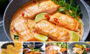 Varias recetas de salmón: en salsa cremosa con chile y lima, con salsa de naranja, a la parrilla con salsa y con verduras.