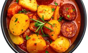 Un reconfortante plato de patatas a la riojana, con patatas tiernas, chorizo español y un rico sofrito, adornado con romero fresco.