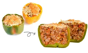 Pimientos rellenos de carne picada y queso, listos para hornear.