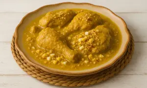 Pollo en pepitoria, un plato tradicional español con trozos de pollo en una salsa dorada, decorado con huevo duro picado y hebras de azafrán.
