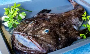 Un rape a la plancha listo para cocinar, con ajo y perejil en una bandeja.