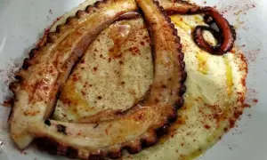 Tentáculos de pulpo a la plancha, dorados y tiernos, servidos sobre puré cremoso y espolvoreados con pimentón.