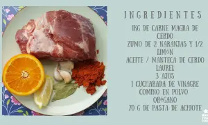 Ingredientes para cochinita pibil: carne de cerdo, naranja, limón, ajo, achiote y especias.