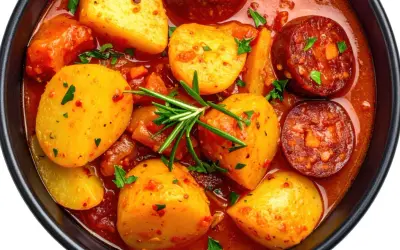 Un reconfortante plato de patatas a la riojana, con patatas tiernas, chorizo español y un rico sofrito, adornado con romero fresco.