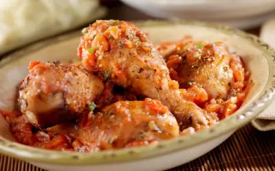 Sabroso pollo guisado en una salsa de tomate con hierbas, servido en un cuenco rústico.