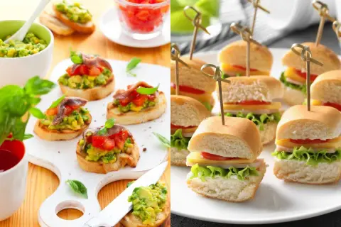 Picoteo fácil y rápido: bruschettas de aguacate y tomate con anchoas, y mini hamburguesas con queso y lechuga.