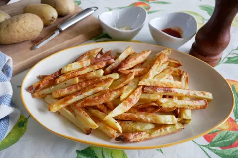 Patatas fritas doradas y crujientes, recién salidas de la freidora de aire. Perfectas para acompañar cualquier comida.