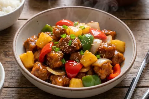 Un delicioso cerdo agridulce humeante, con trozos de piña, pimientos y cebolla, espolvoreado con semillas de sésamo.