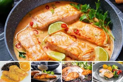 Varias recetas de salmón: en salsa cremosa con chile y lima, con salsa de naranja, a la parrilla con salsa y con verduras.