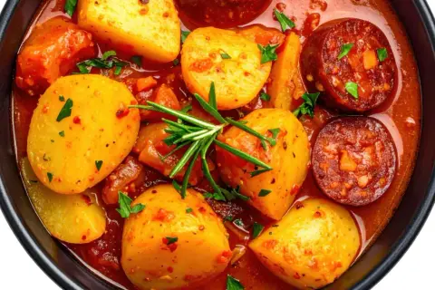Un reconfortante plato de patatas a la riojana, con patatas tiernas, chorizo español y un rico sofrito, adornado con romero fresco.