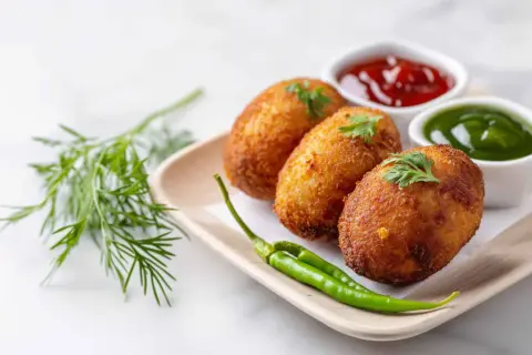 Croquetas de puchero doradas y crujientes, servidas con kétchup, salsa verde y guindillas.