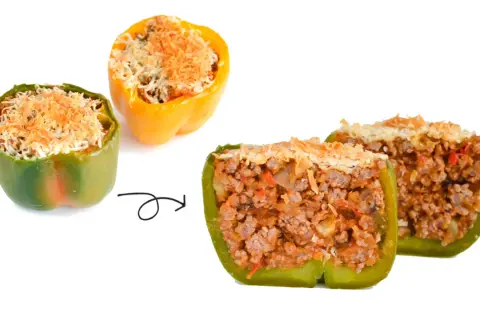 Pimientos rellenos de carne picada y queso, listos para hornear.