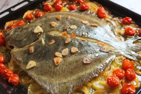 Rodaballo al horno con tomates cherry y láminas de ajo. Un plato delicioso y fácil de preparar.