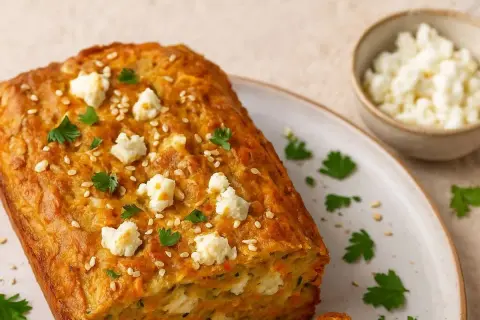 Pan de zanahoria con queso feta y sésamo, ideal para tus recetas con zanahoria.