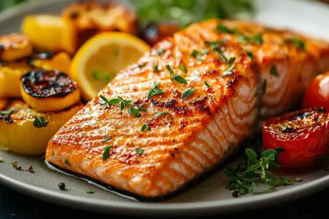 Filetes de salmón jugosos, cocinados en airfryer, acompañados de tomates cherry asados y rodajas de limón.