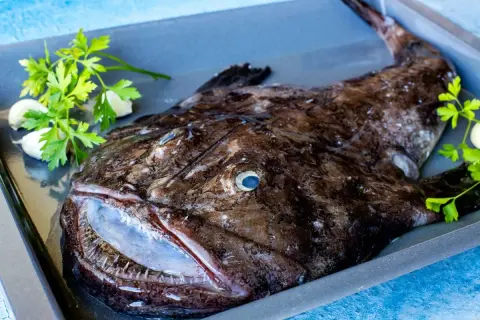 Un rape a la plancha listo para cocinar, con ajo y perejil en una bandeja.