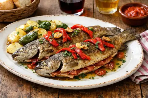 Trucha a la navarra, dos truchas enteras rellenas de jamón, acompañadas de patatas y pimientos, decoradas con pimientos rojos y perejil.