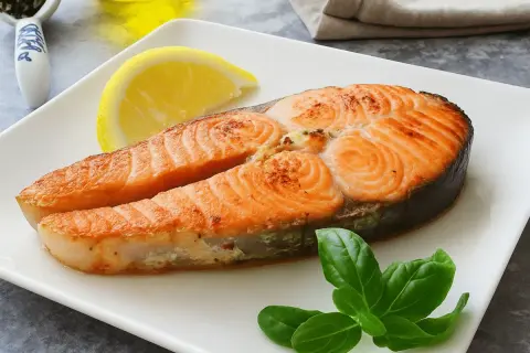 Un jugoso salmón a la plancha, servido con una rodaja de limón y hojas de albahaca fresca en un plato blanco.