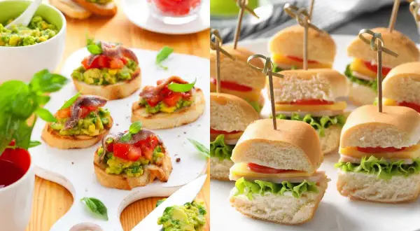 Picoteo fácil y rápido: bruschettas de aguacate y tomate con anchoas, y mini hamburguesas con queso y lechuga.