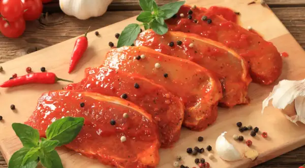 Filetes de lomo adobado listos para cocinar, con pimientos rojos, ajo y hierbas frescas.