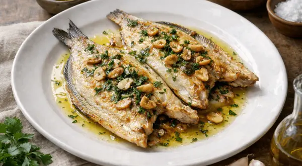 Dos lubinas a la plancha, doradas y jugosas, servidas en un plato blanco con perejil picado y láminas de ajo crujientes. Un festín sencillo y delicioso.