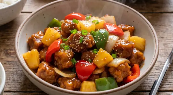 Un delicioso cerdo agridulce humeante, con trozos de piña, pimientos y cebolla, espolvoreado con semillas de sésamo.