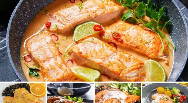 Varias recetas de salmón: en salsa cremosa con chile y lima, con salsa de naranja, a la parrilla con salsa y con verduras.