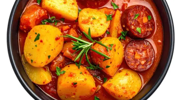 Un reconfortante plato de patatas a la riojana, con patatas tiernas, chorizo español y un rico sofrito, adornado con romero fresco.