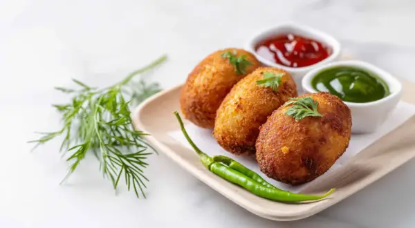Croquetas de puchero doradas y crujientes, servidas con kétchup, salsa verde y guindillas.