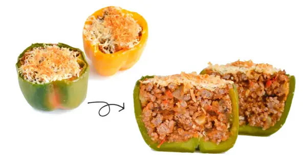 Pimientos rellenos de carne picada y queso, listos para hornear.