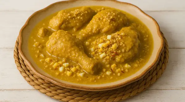 Pollo en pepitoria, un plato tradicional español con trozos de pollo en una salsa dorada, decorado con huevo duro picado y hebras de azafrán.