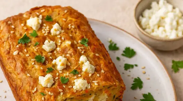 Pan de zanahoria con queso feta y sésamo, ideal para tus recetas con zanahoria.