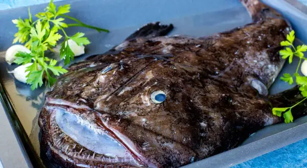 Un rape a la plancha listo para cocinar, con ajo y perejil en una bandeja.