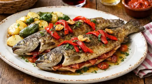 Trucha a la navarra, dos truchas enteras rellenas de jamón, acompañadas de patatas y pimientos, decoradas con pimientos rojos y perejil.