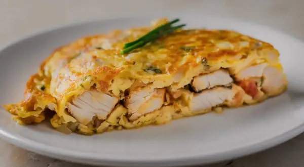 Tortilla de bacalao, jugosa y dorada, con trozos de pescado blanco tierno envueltos en huevo.