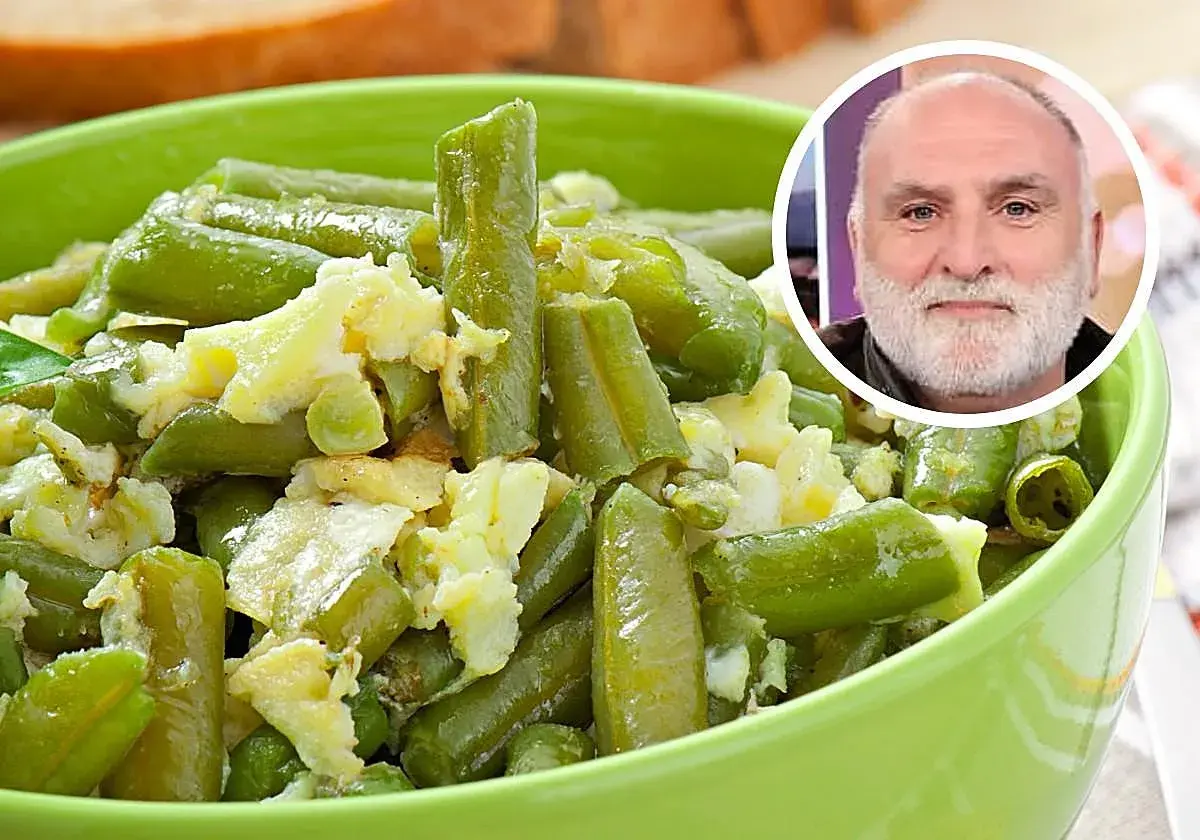 Judías verdes con patatas y huevo revuelto en un cuenco verde. Un hombre con barba sonríe en un círculo superpuesto.