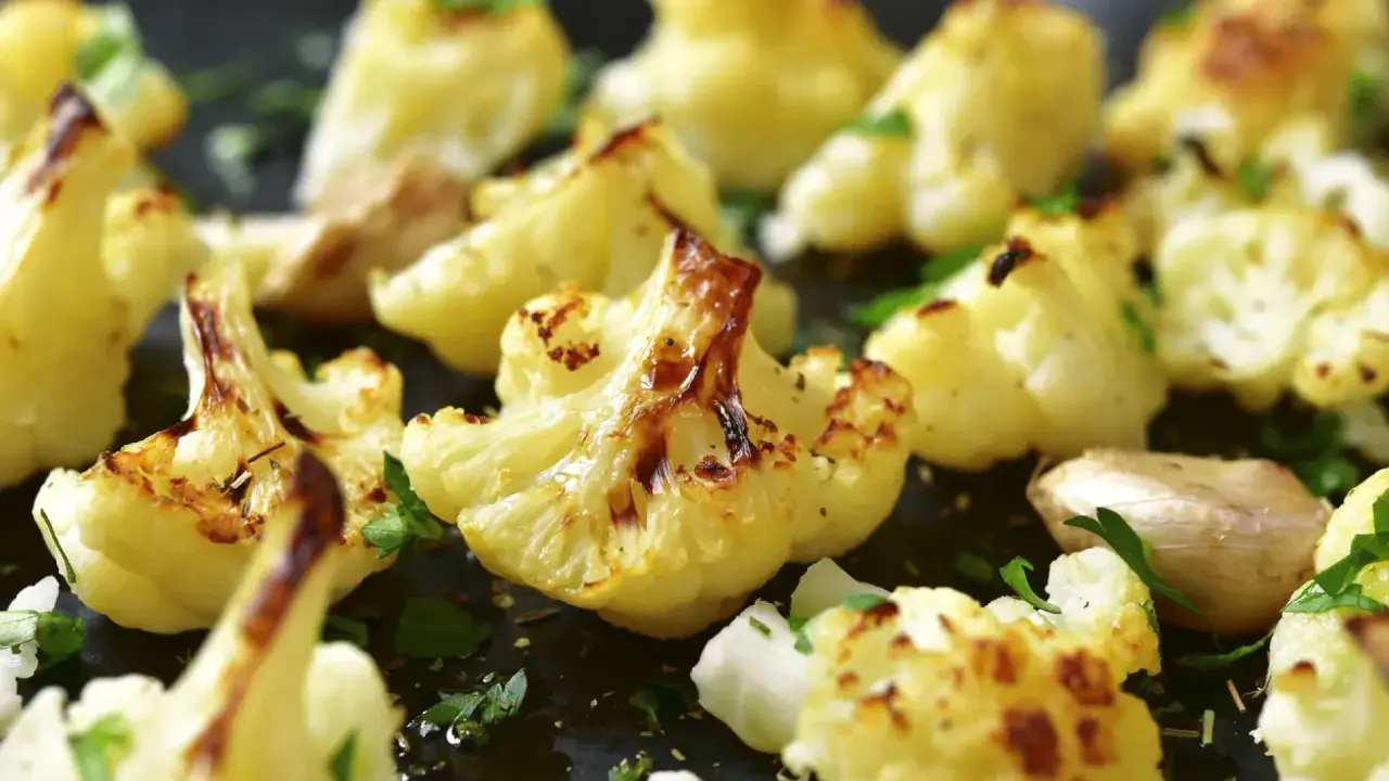 Coliflor al ajillo, dorada y tierna, con trozos de ajo y perejil fresco espolvoreado. Un plato sencillo y delicioso.