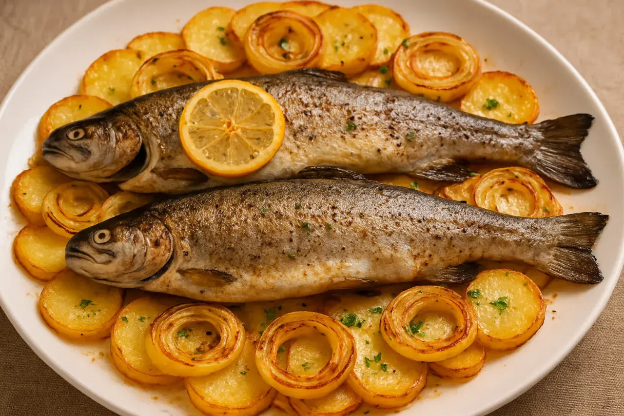 Dos truchas al horno, doradas y jugosas, acompañadas de patatas asadas y rodajas de limón. Un plato principal perfecto.