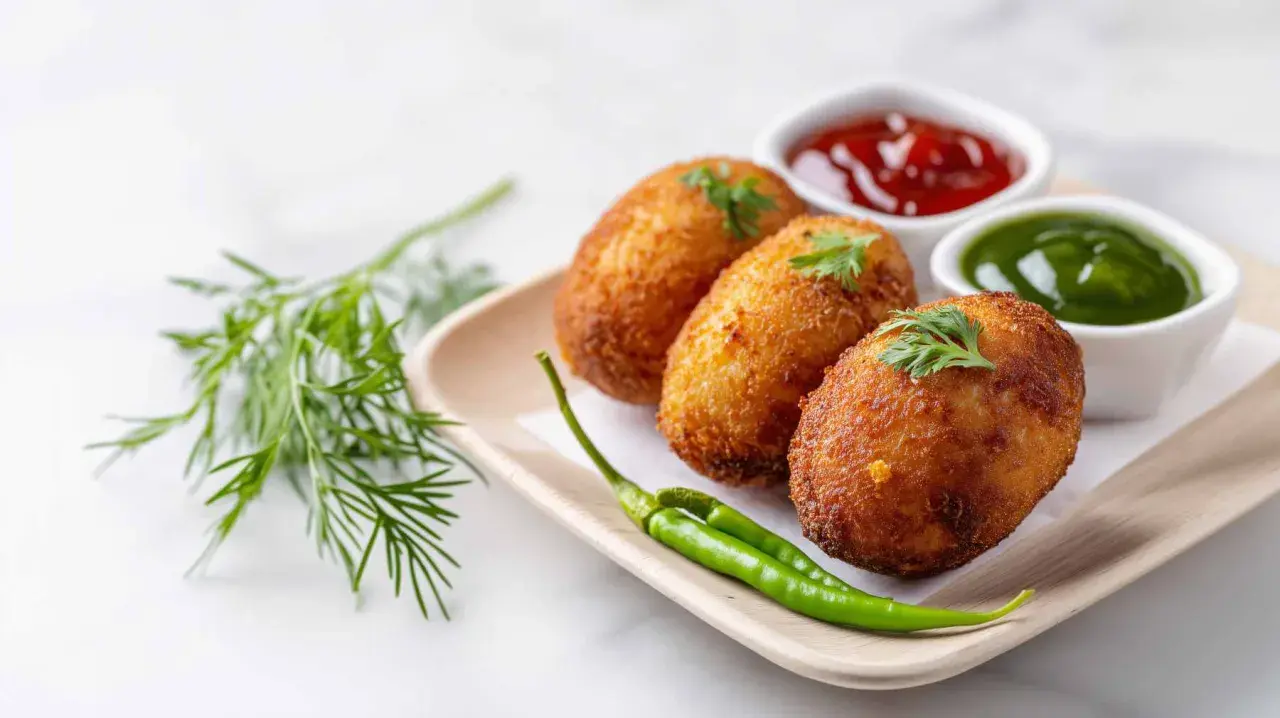Croquetas de puchero doradas y crujientes, servidas con kétchup, salsa verde y guindillas.