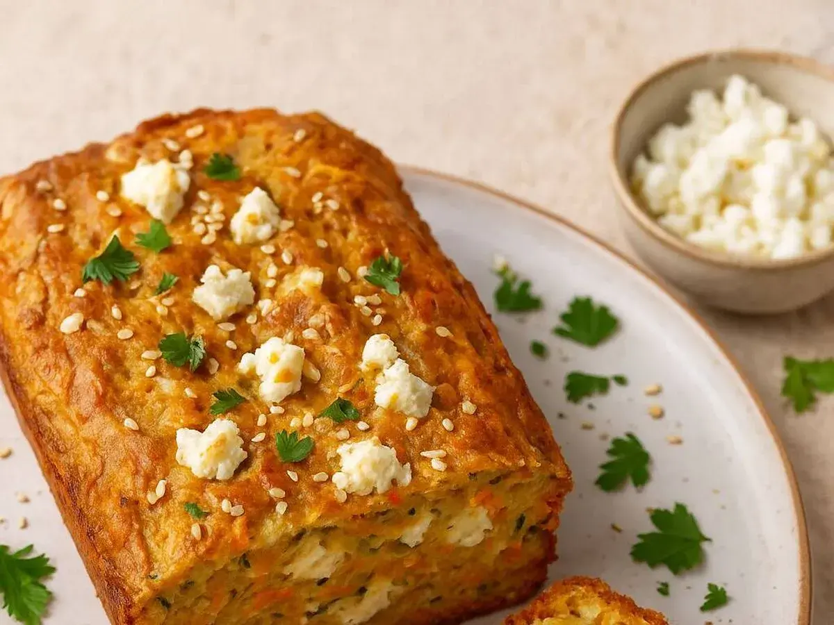 Pan de zanahoria con queso feta y sésamo, ideal para tus recetas con zanahoria.