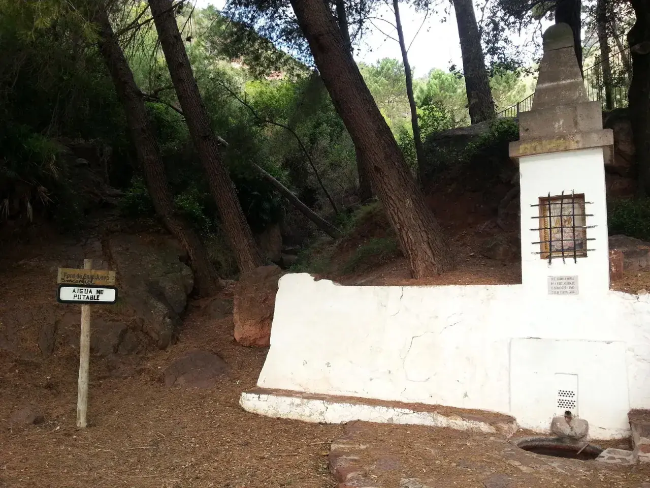 En la ruta de las fuentes, un cartel indica "AIGUA NO POTABLE" junto a una fuente de piedra y un pequeño altar en un bosque.