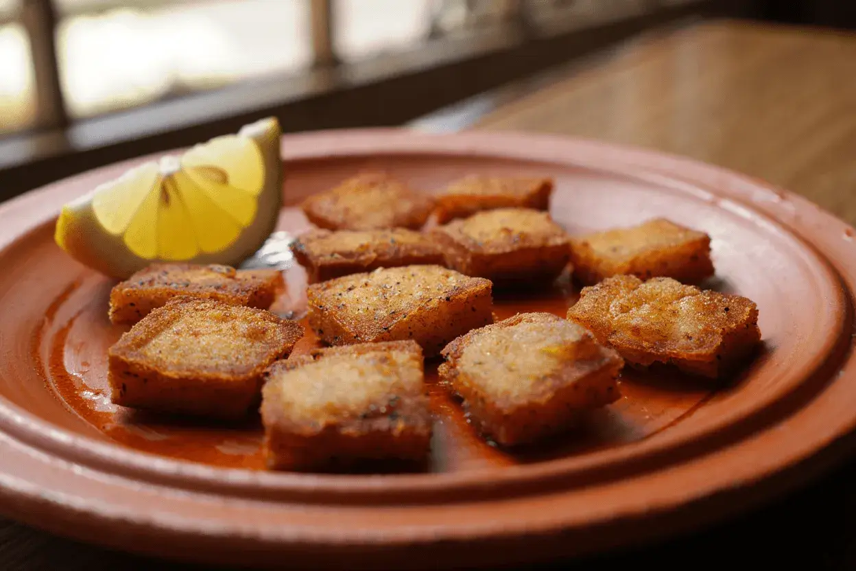 Deliciosos trozos de bacalao rebozado, dorados y crujientes, servidos en un plato de barro con una rodaja de limón.