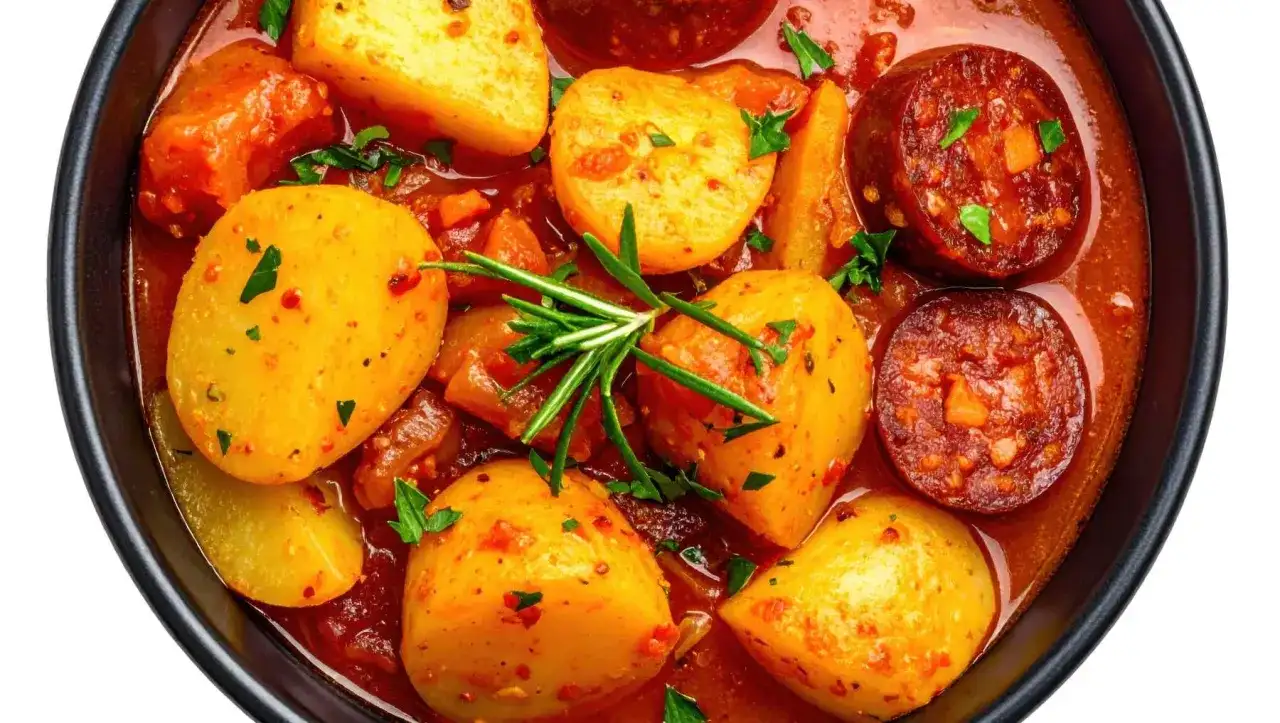 Un reconfortante plato de patatas a la riojana, con patatas tiernas, chorizo español y un rico sofrito, adornado con romero fresco.