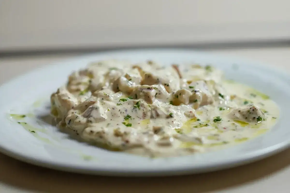 Deliciosa brandada de bacalao cremosa, espolvoreada con perejil fresco y un toque de aceite de oliva.