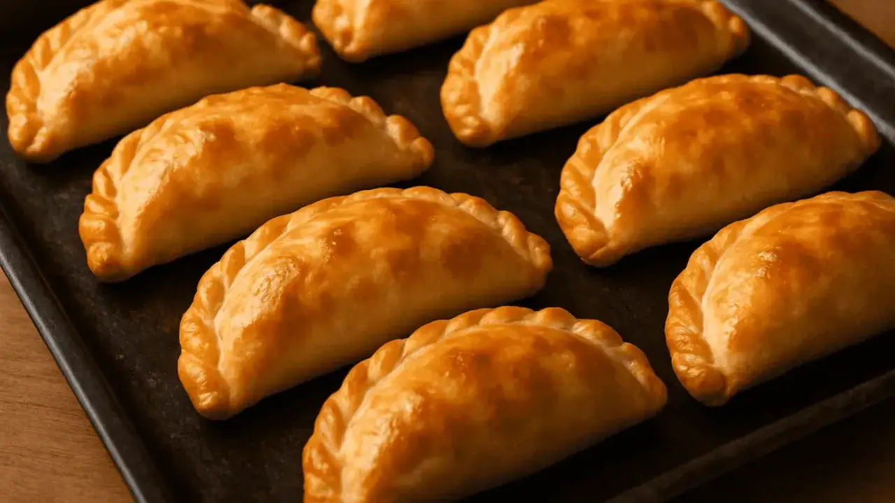 Ocho empanadillas al horno doradas y apetitosas dispuestas en una bandeja oscura, listas para ser disfrutadas.