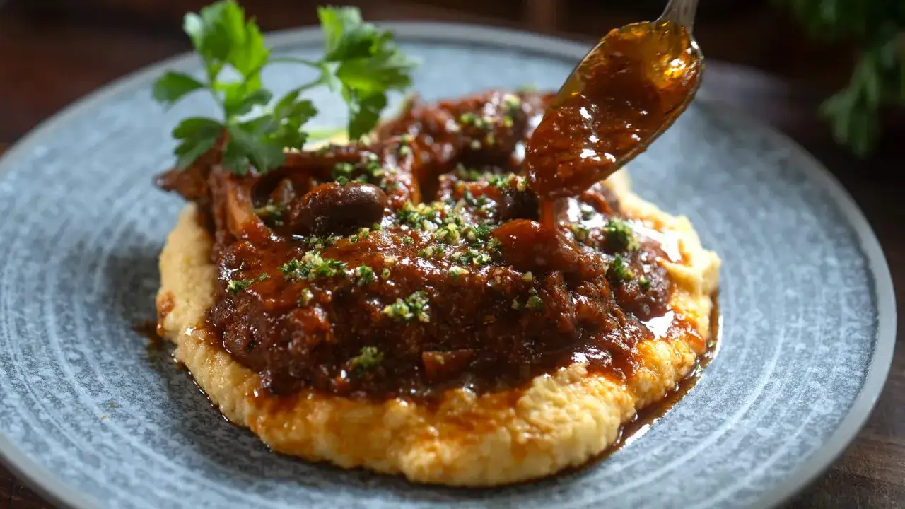 Osso buco jugoso y tierno sobre polenta cremosa, bañado en una rica salsa. Un bocado de sabor italiano.